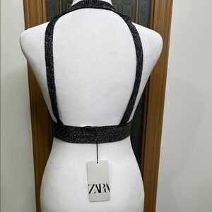 Zara Shimmering Black Ribbed Crop Top Size Small